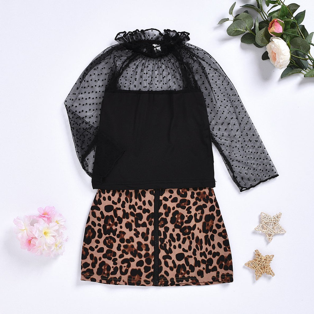 Fashionable Ruffled Collar Long Sleeve Top & Leopard Zip Skirt - PrettyKid