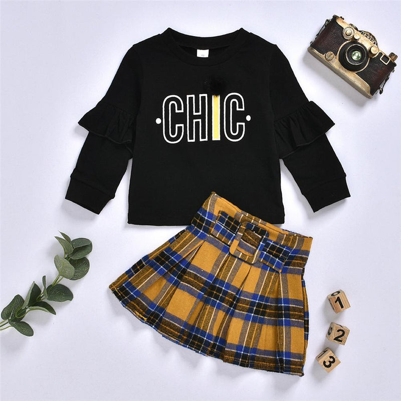 Girls Chic Long Sleeve Crew Neck Top & Plaid Skirt Girls Clothing Wholesalers - PrettyKid