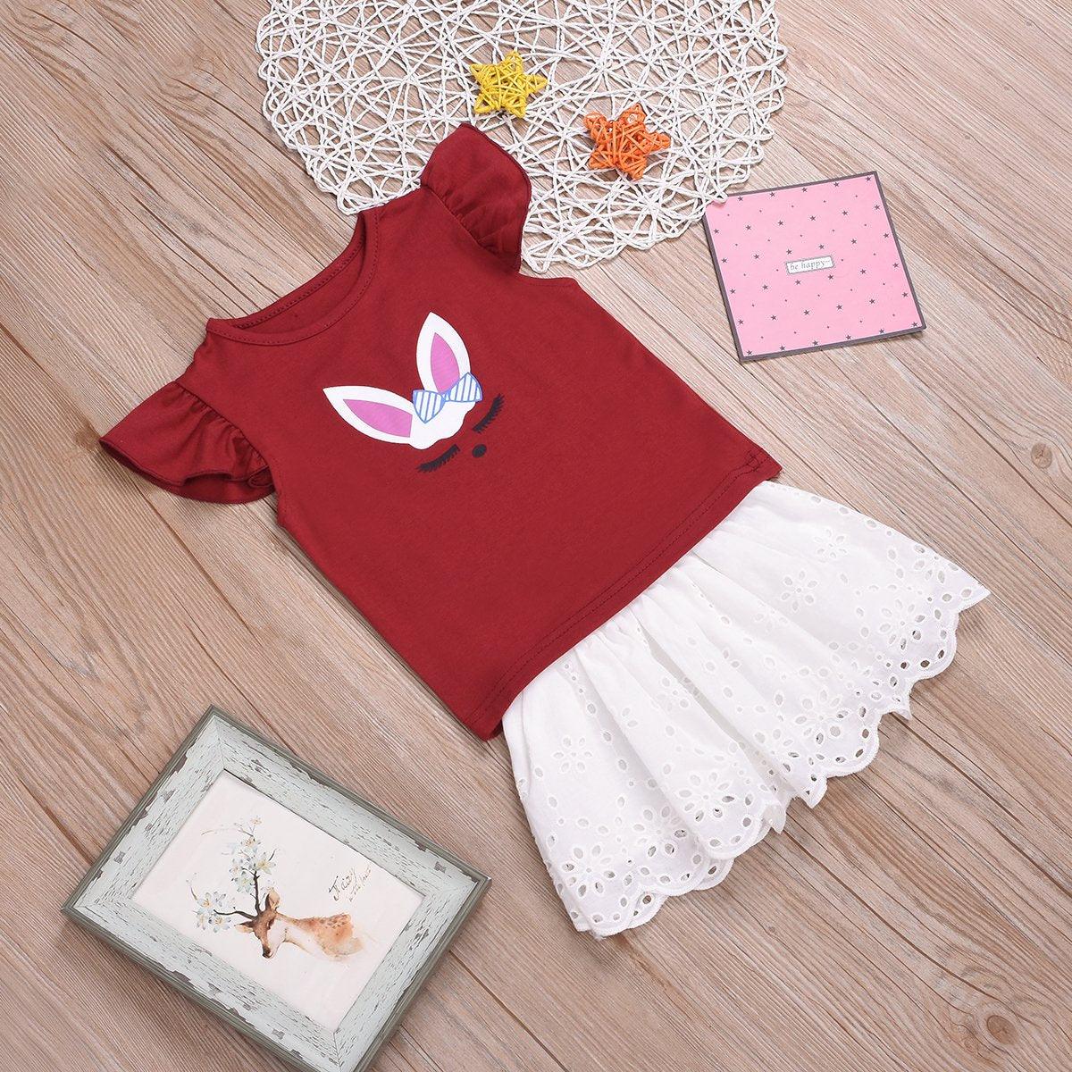 Toddler Girls Cartoon Rabbit T-Shirt Top Lace Skirt Short Skirt - PrettyKid