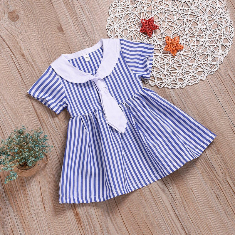 Toddler Girls Blue Striped Doll Collar Princess Dress - PrettyKid