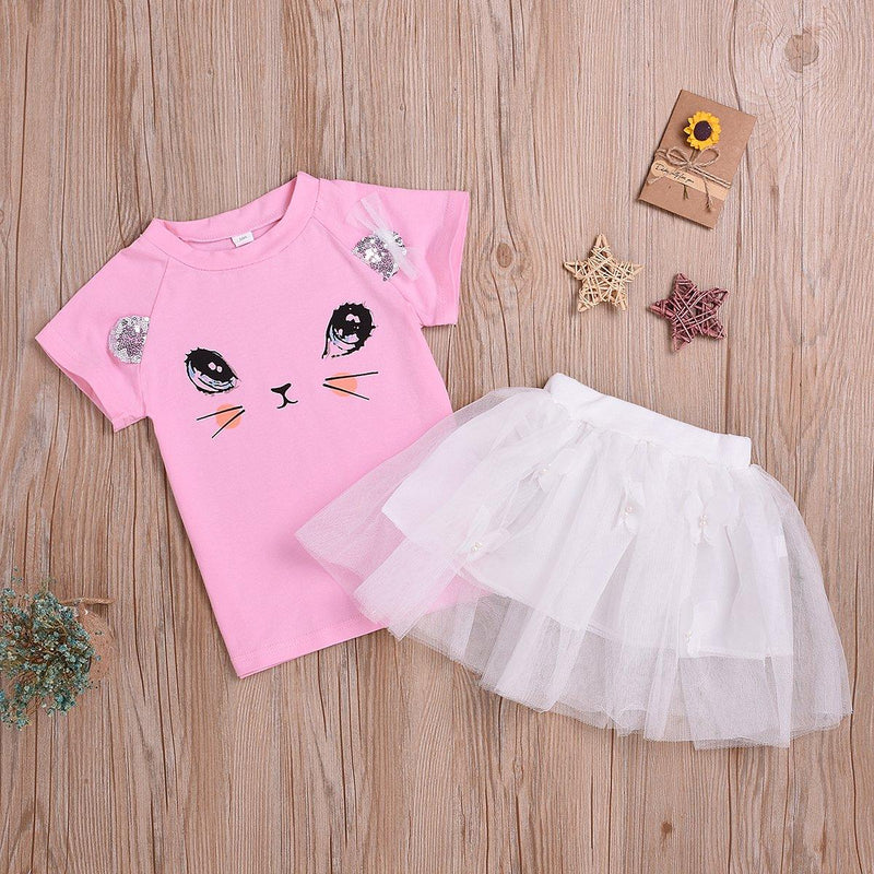 Girls Cute Short Sleeve Cat T-Shirt Mesh Princess Skirt - PrettyKid