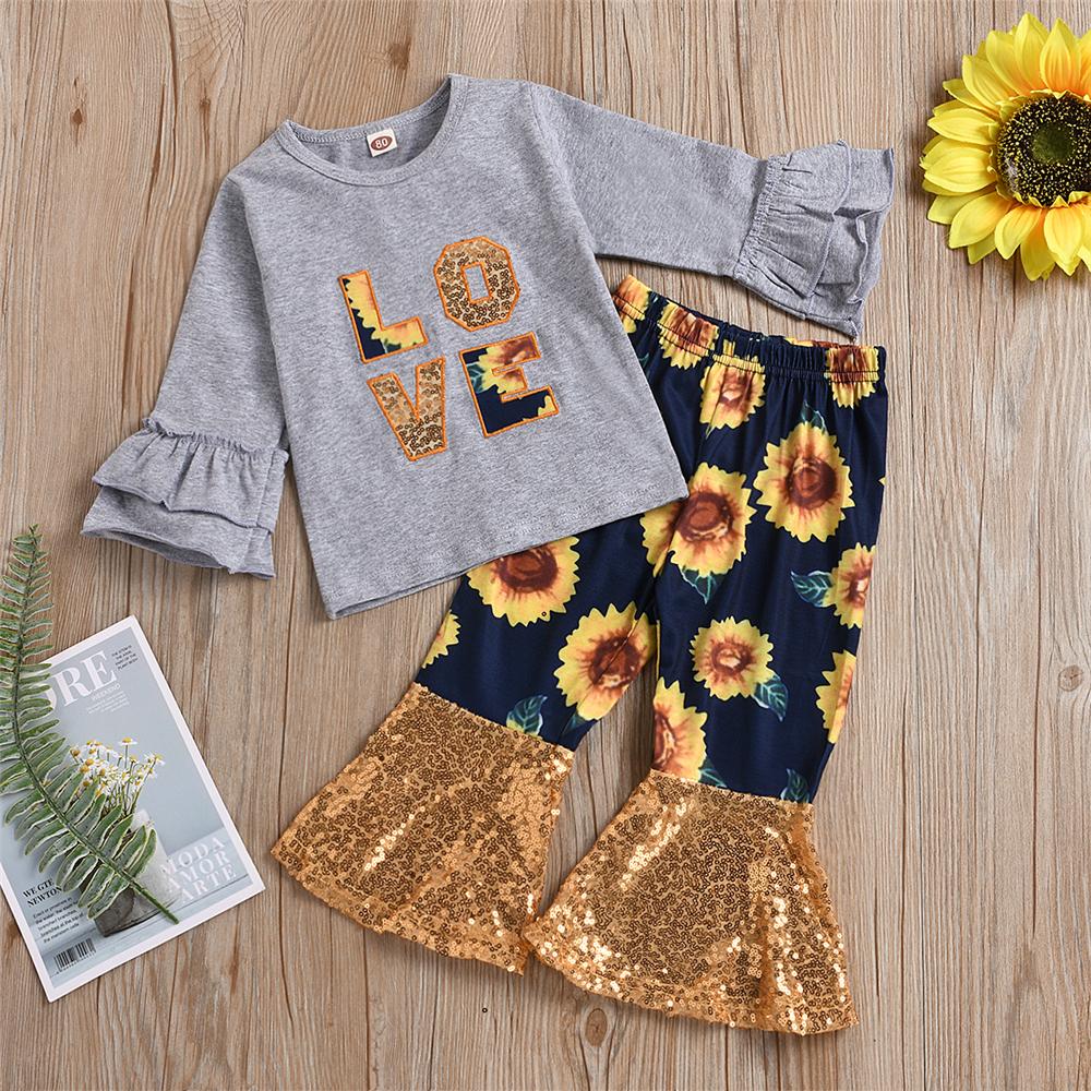 Girls Sunflower Flared Sleeve Love Top & Sequin Bell Pants Wholesale Girls - PrettyKid