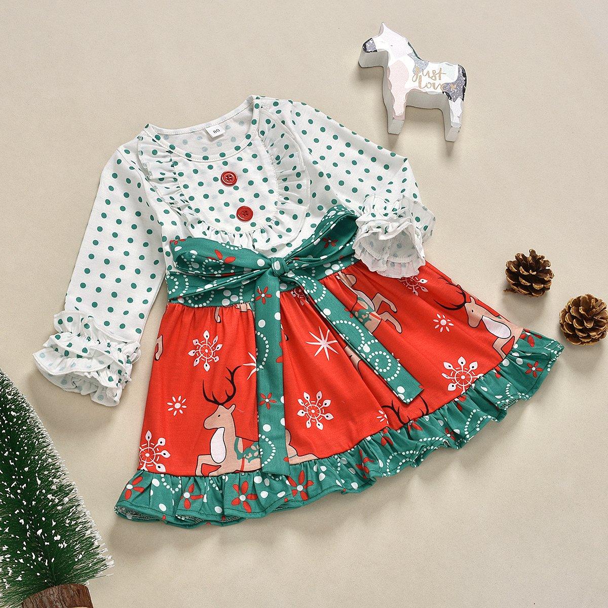 Toddler Girls Polka Dot Print Deer Dress Bow Long Sleeve Dress - PrettyKid