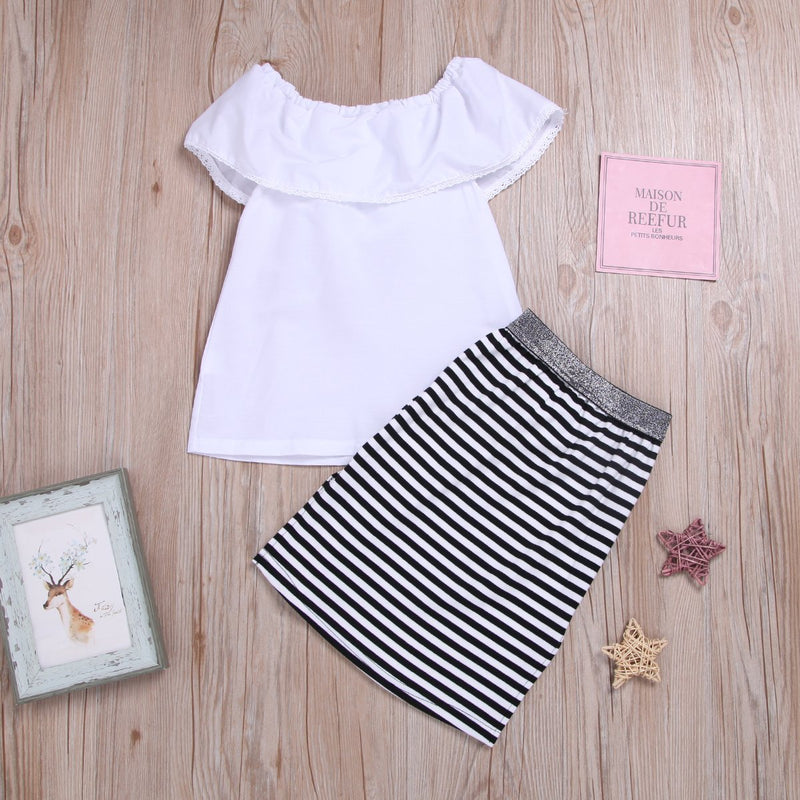 Fashionable Girls One Word Collar Ruffle Top & Stripe Skirt - PrettyKid