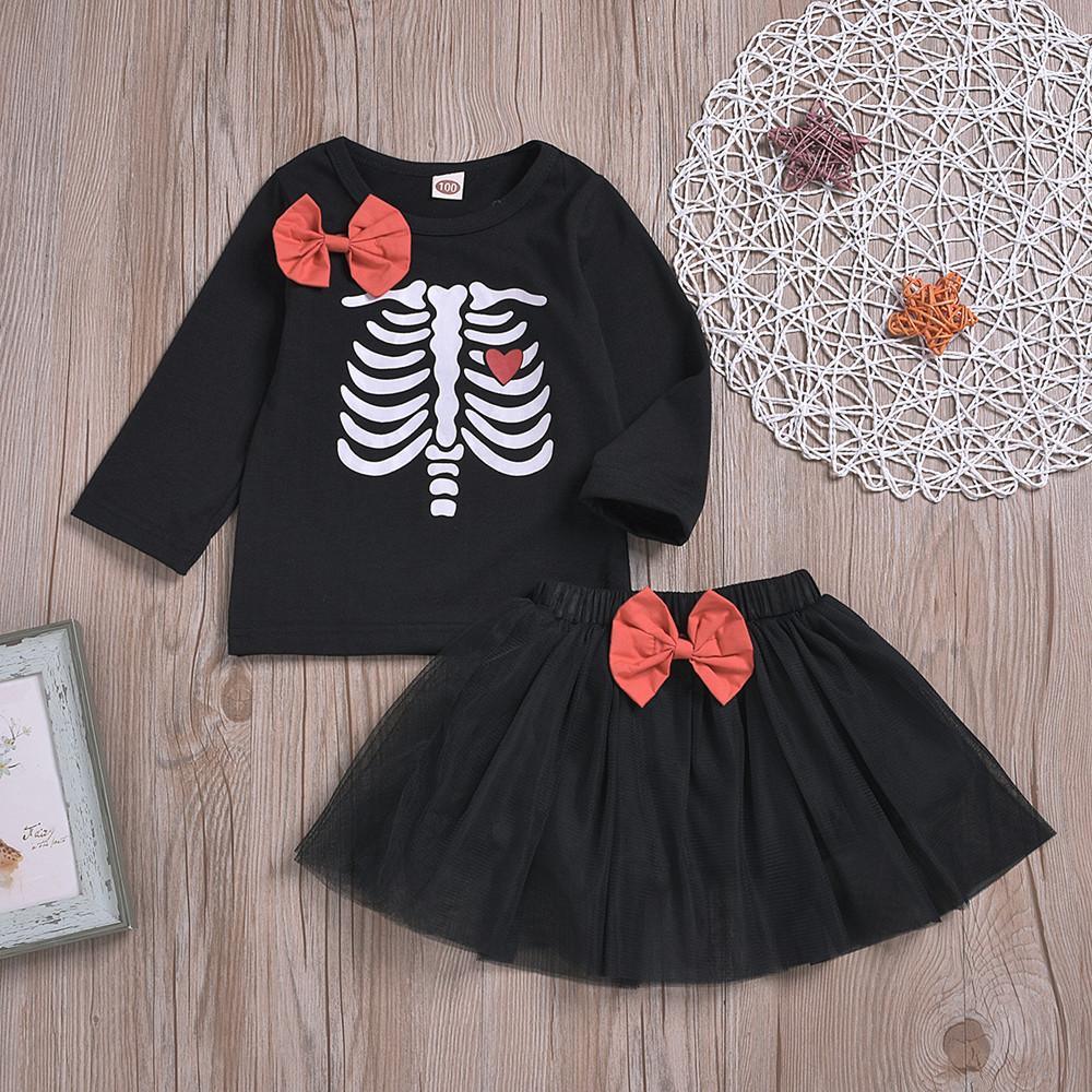 Halloween Girls Bow Long Sleeve Top Mesh Skirt - PrettyKid