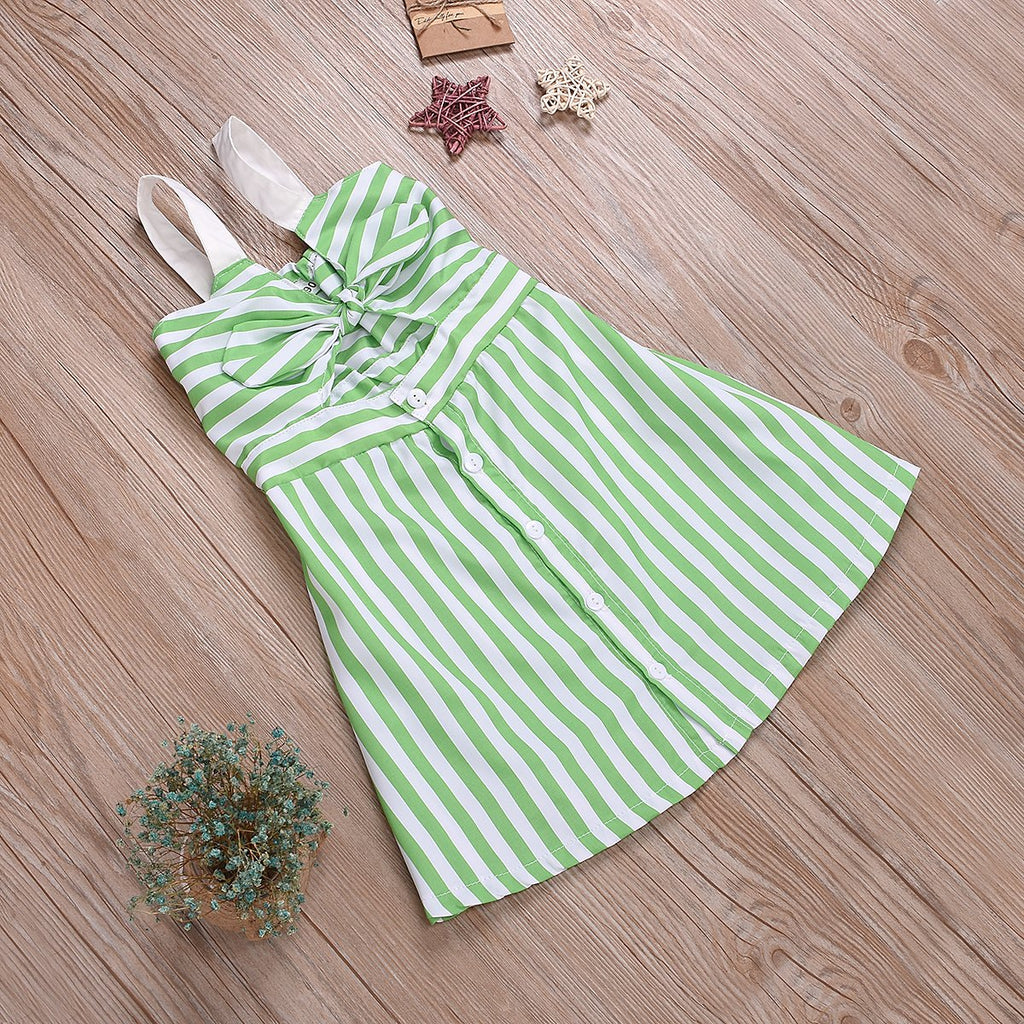 Toddler Girls Green Striped Princess Dress Bow Suspender Dress - PrettyKid
