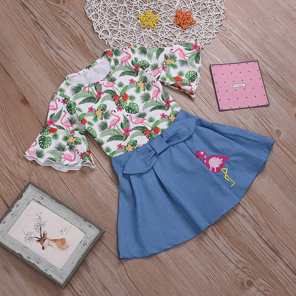Fashionable Girls Flamingo Top & Denim Skirt - PrettyKid