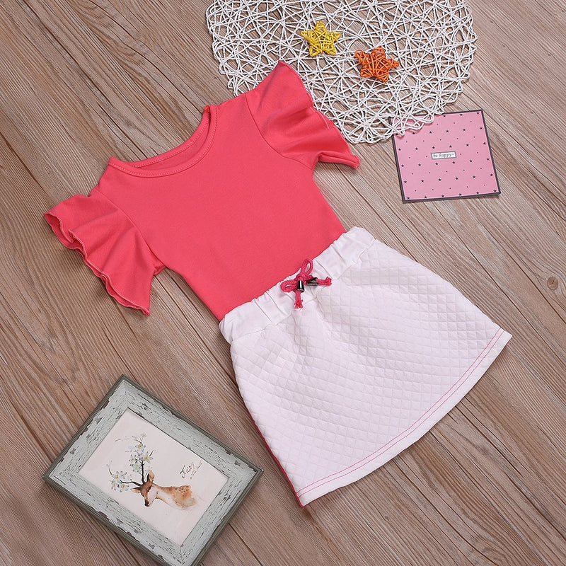 Fashionable Girls Solid Color Fly Sleeve T-Shirt Top & Skirt - PrettyKid