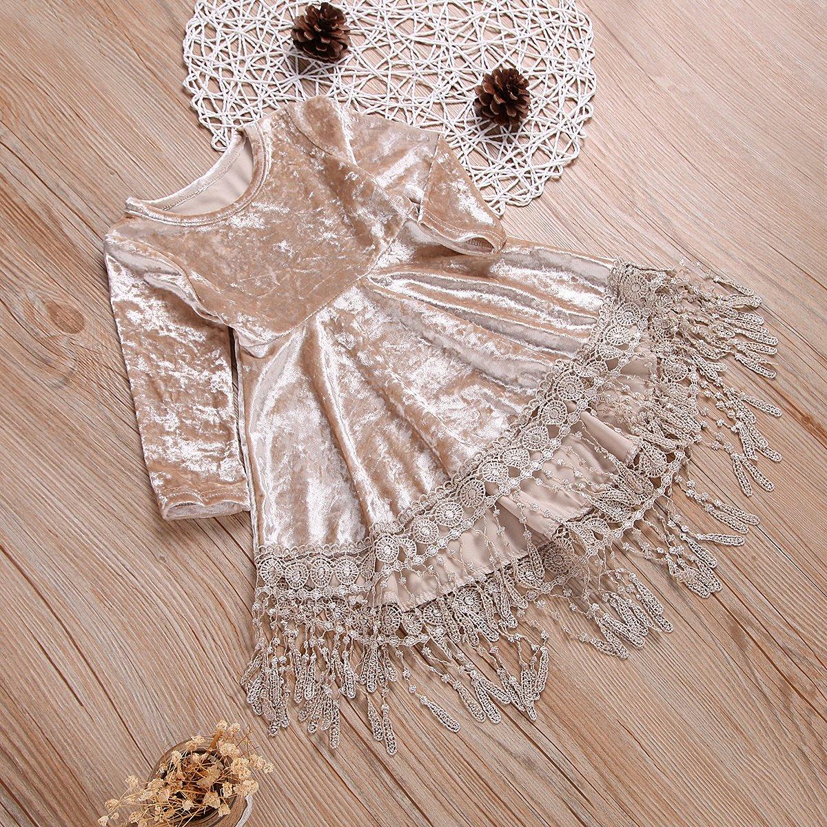 Toddler Girls Gold Velvet Long Sleeve Dress Lovely Lace Fringed Dress - PrettyKid