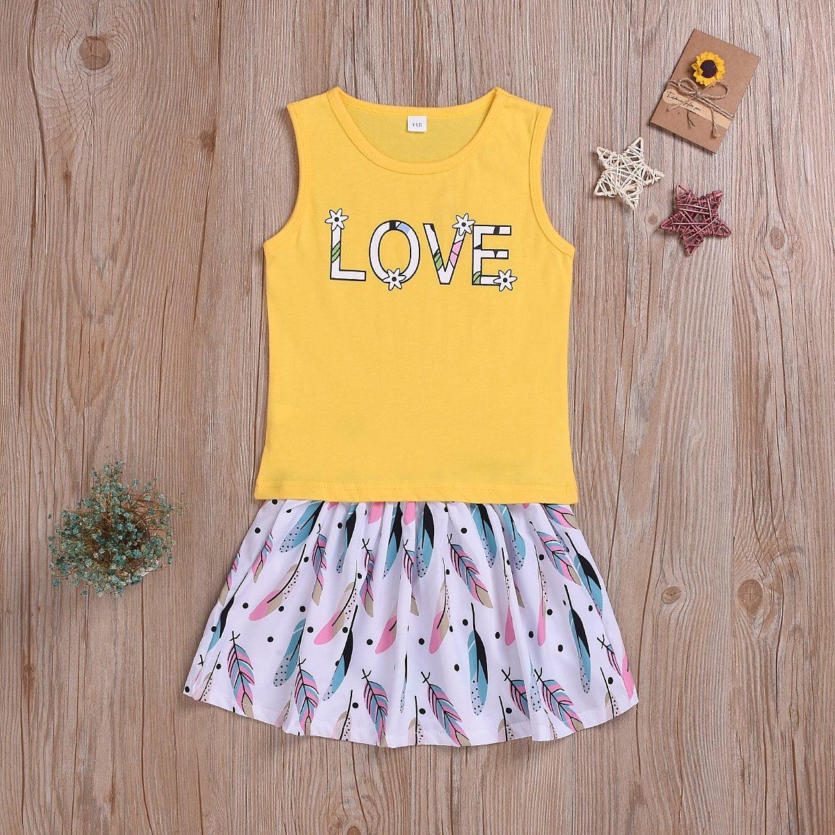 Toddler Girl Sleeveless Letter Print Top Cartoon Feather Printed Skirt - PrettyKid