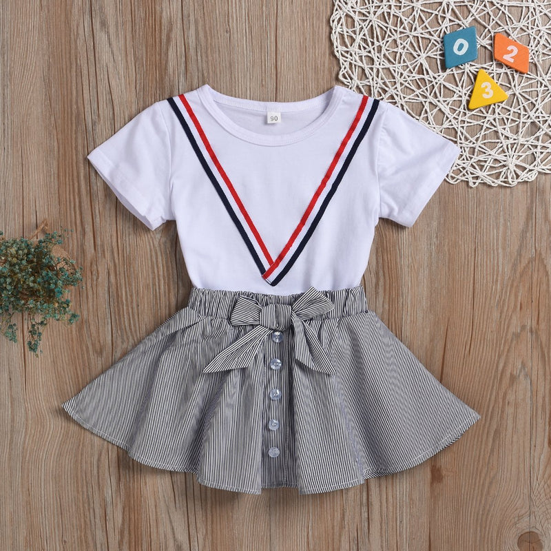 Girls' Preppy Style White Short-Sleeve Top Bow Stripe Skirt - PrettyKid