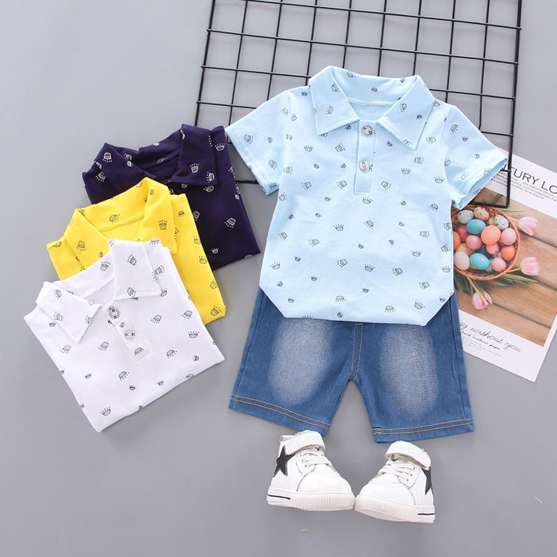 2-piece Crown Printed Polo Shirt & Jeans for Toddler Boy Wholesale children's clothing - PrettyKid