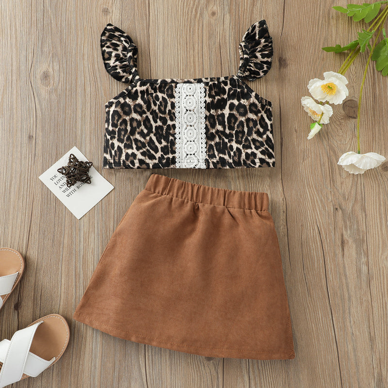18months-6years Baby Toddler Girl Sets Leopard Print Corduroy Skirt 2-Piece Set Summer Set Girls Suit - PrettyKid