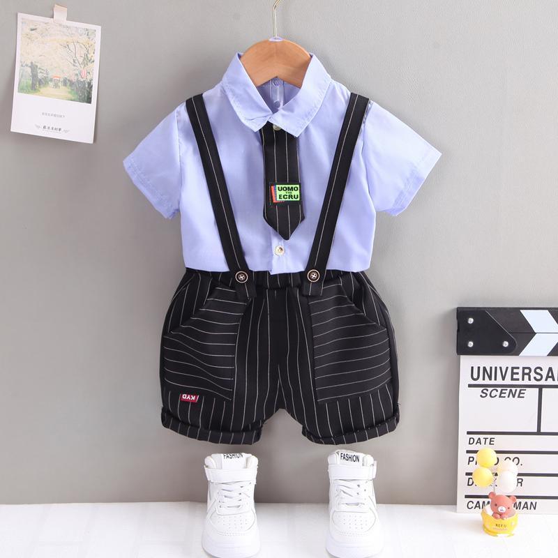 Toddler Boy Tie Decor Shirt & Plaid Suspender Shorts - PrettyKid