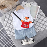 Toddler Boy Cartoon Fox Pattern Letter Print Sleeveless Top & Denim Shorts - PrettyKid