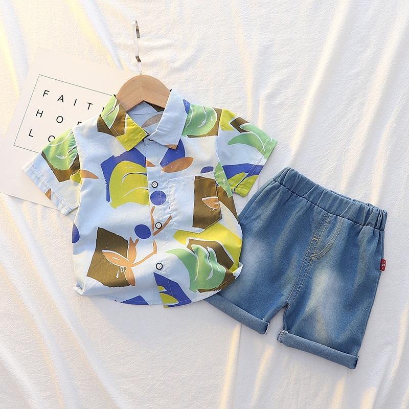 Toddler Boy Leaf Print Shirt & Denim Shorts - PrettyKid