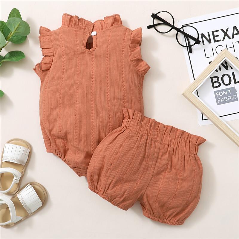 Baby Girl Solid Color Bow Decor Sleeveless Bodysuit & Ruffle Trim Shorts - PrettyKid