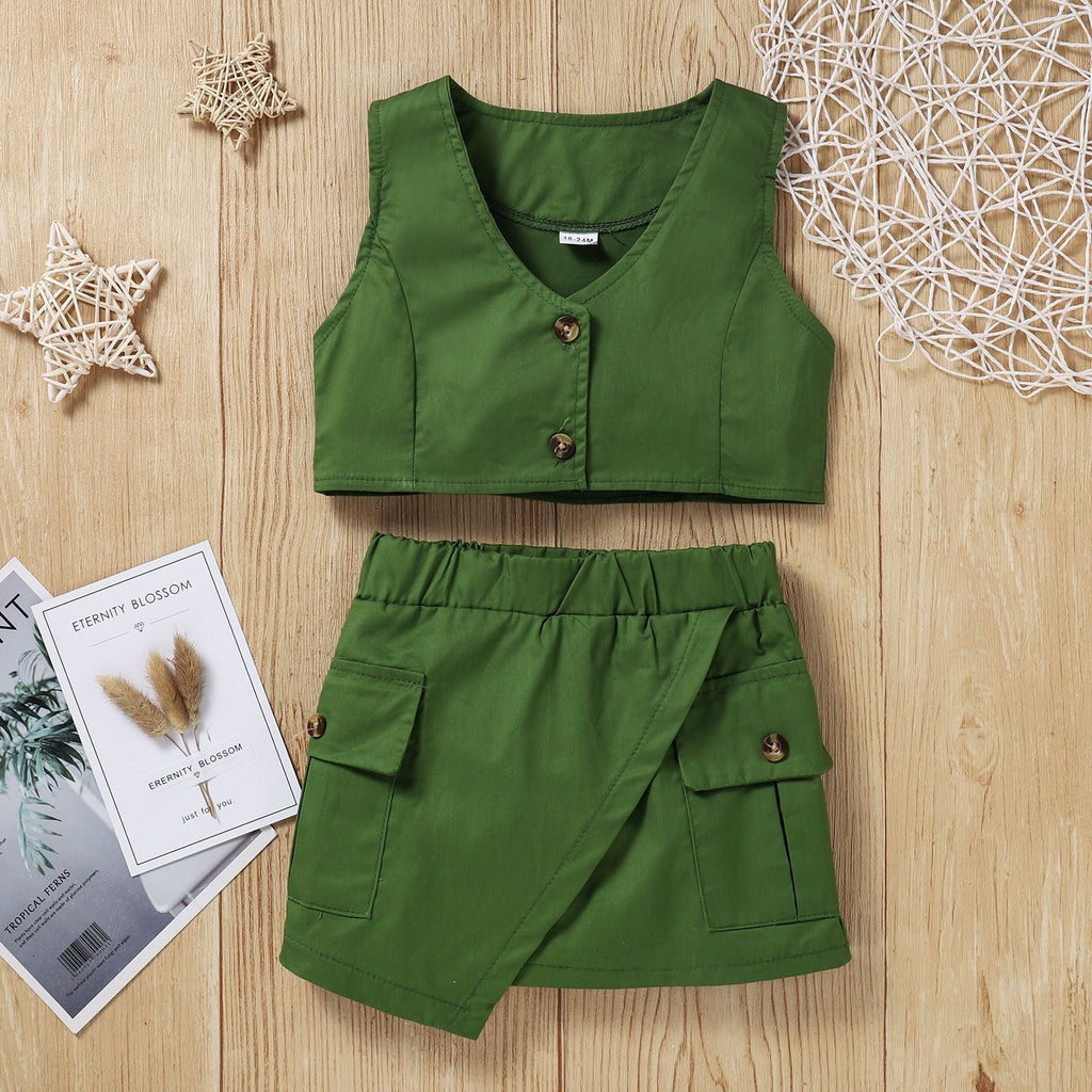 2 Piece Sleeveless Vest Jacket And Green Skirt Toddler Girl Sets - PrettyKid
