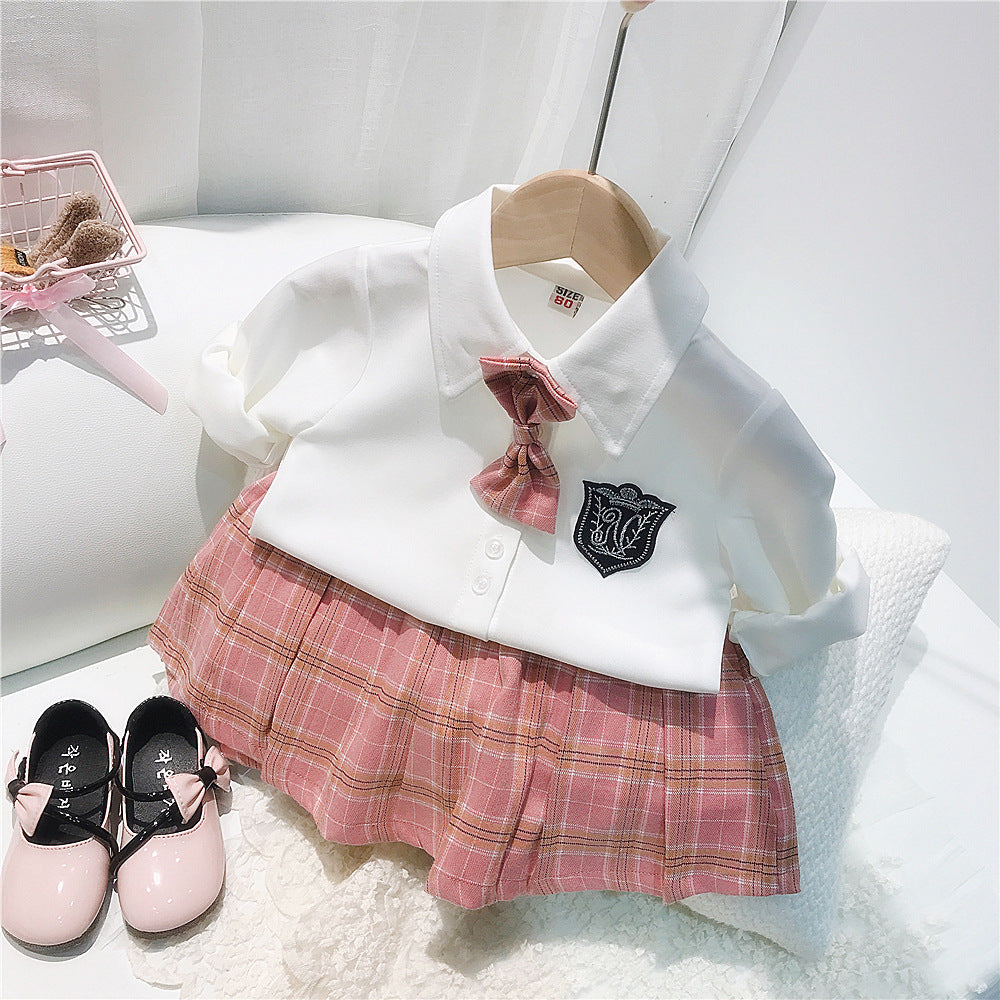 2 Piece Girl Shirt With Short Bow Tie And Plaid Skirt Toddler Girl Sets - PrettyKid