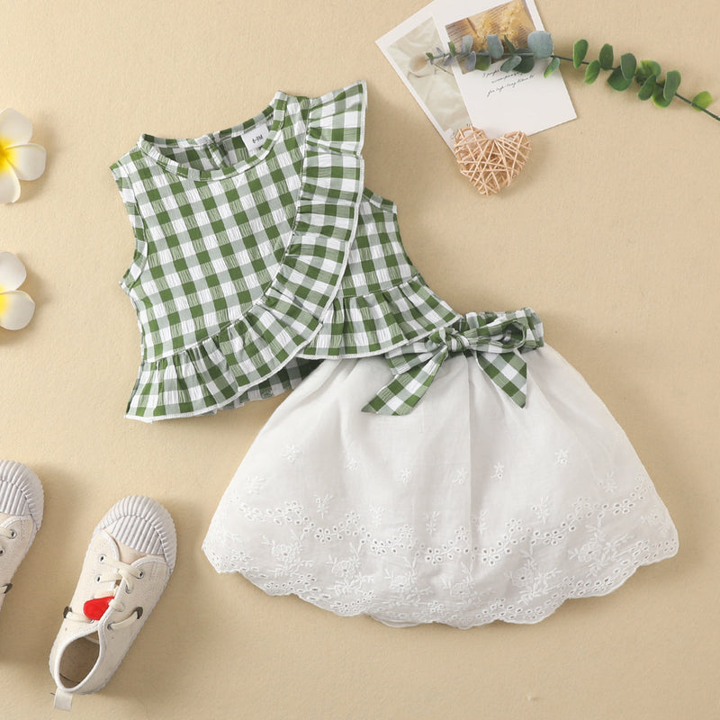 3M-3Y Baby Girls Clothes Sets Ruffle Trim Sleeveless Top And Skirts Wholesale Baby Clothing - PrettyKid