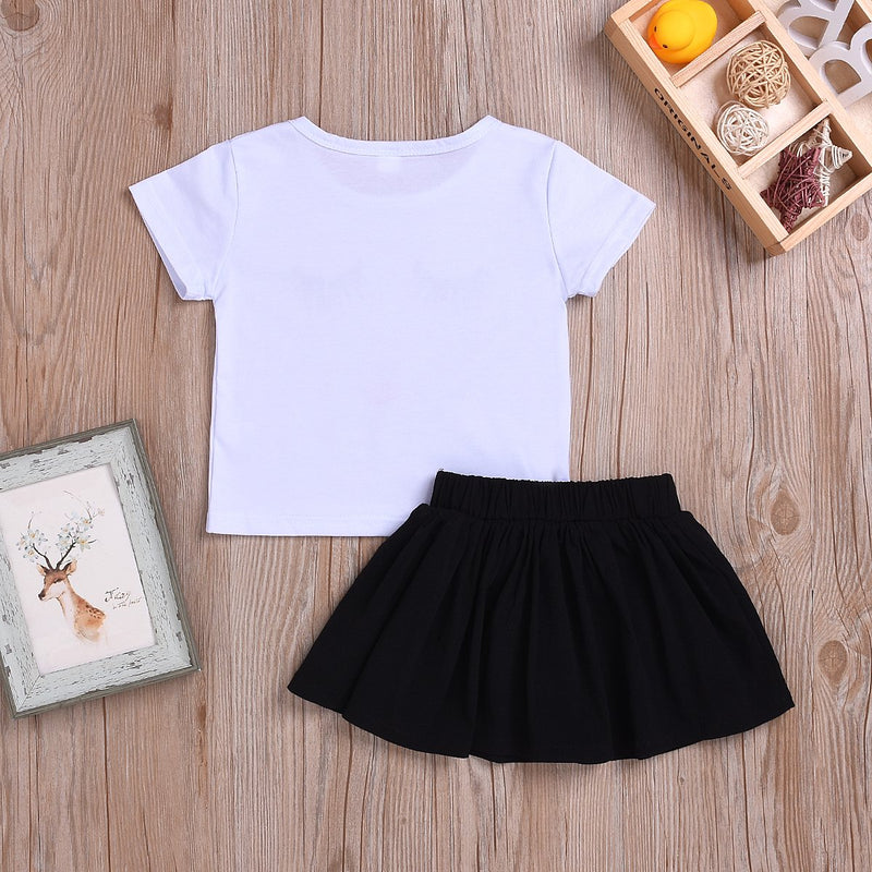 Toddler Girls Cartoon White T-Shirt Black Short Skirt - PrettyKid