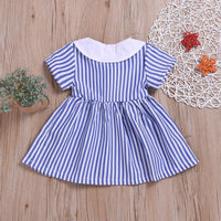 Toddler Girls Blue Striped Doll Collar Princess Dress - PrettyKid