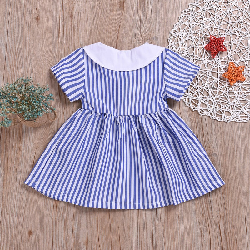 Toddler Girls Blue Striped Doll Collar Princess Dress - PrettyKid