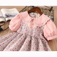 Girls Short Sleeve Floral Lapel Dress Princess Dress - PrettyKid