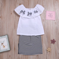 Fashionable Girls One Word Collar Ruffle Top & Stripe Skirt - PrettyKid