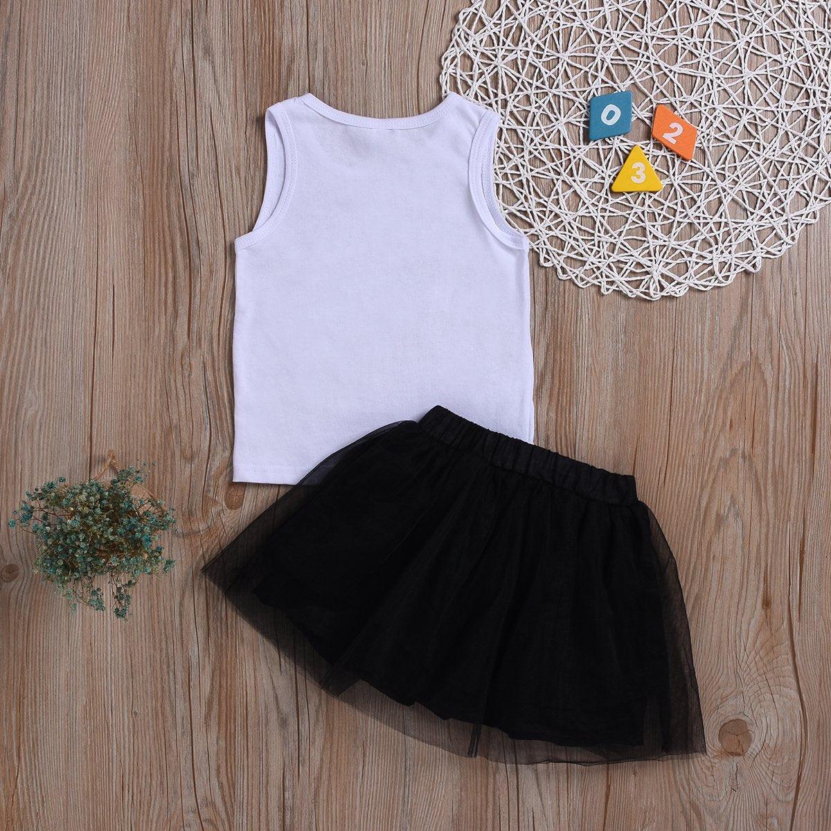 Toddler Girls Sleeveless Letter Print Top Solid Color Mesh Skirt - PrettyKid