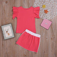 Fashionable Girls Solid Color Fly Sleeve T-Shirt Top & Skirt - PrettyKid