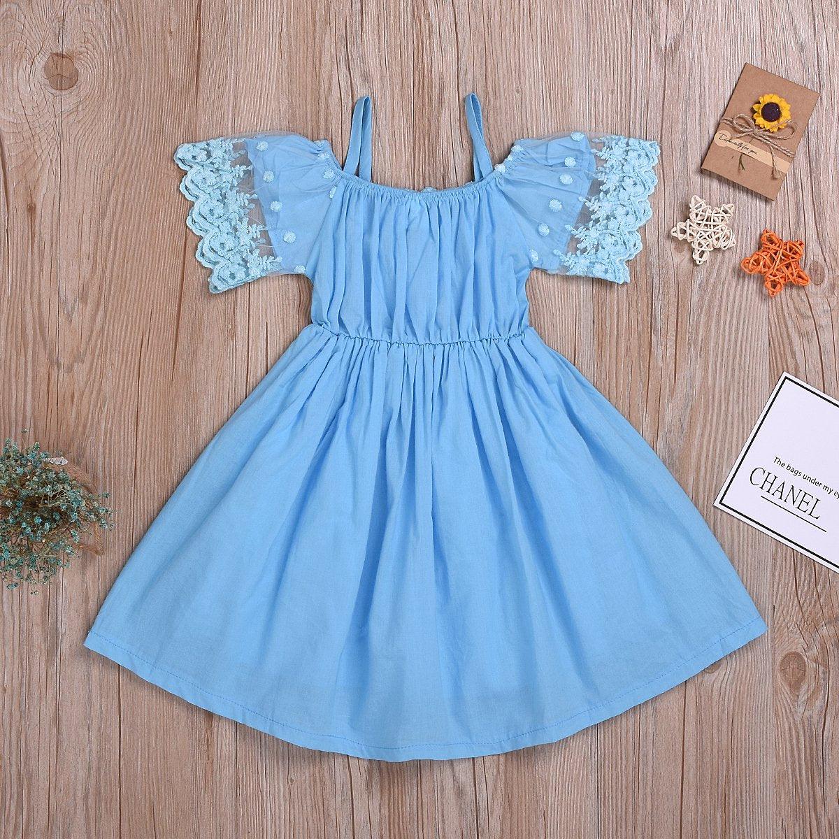 Fashionable Girls Ruffle Trim Solid Color Lace Suspender Dress - PrettyKid