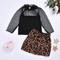 Fashionable Ruffled Collar Long Sleeve Top & Leopard Zip Skirt - PrettyKid