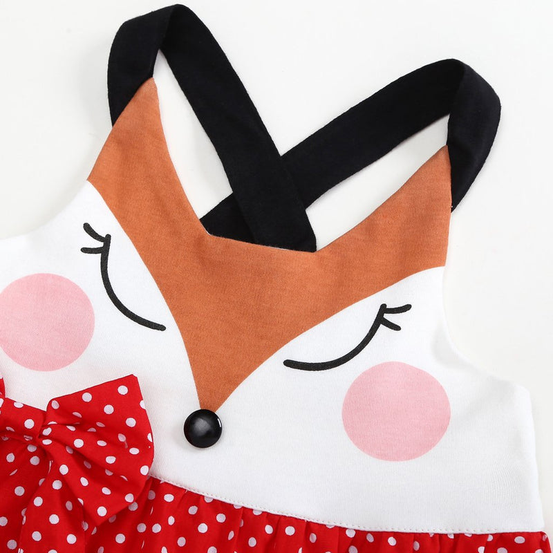 Toddler Girls Cartoon Fox Splice Suspender Bow Polka Dot Dress - PrettyKid