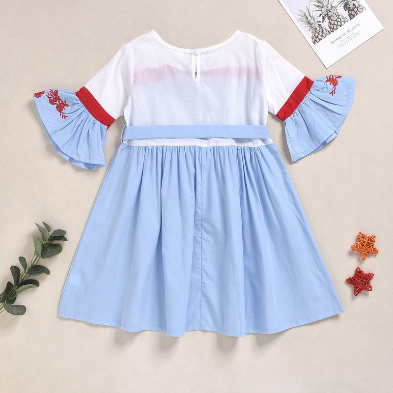 Girl's Light Blue Trumpet Sleeve Dress Embroidered Princess Skirt - PrettyKid
