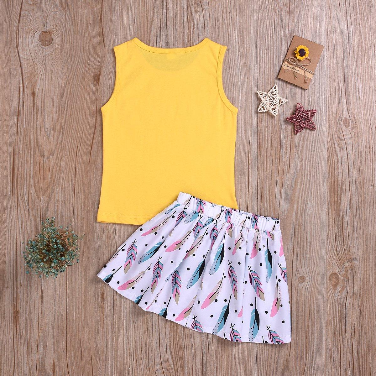 Toddler Girl Sleeveless Letter Print Top Cartoon Feather Printed Skirt - PrettyKid