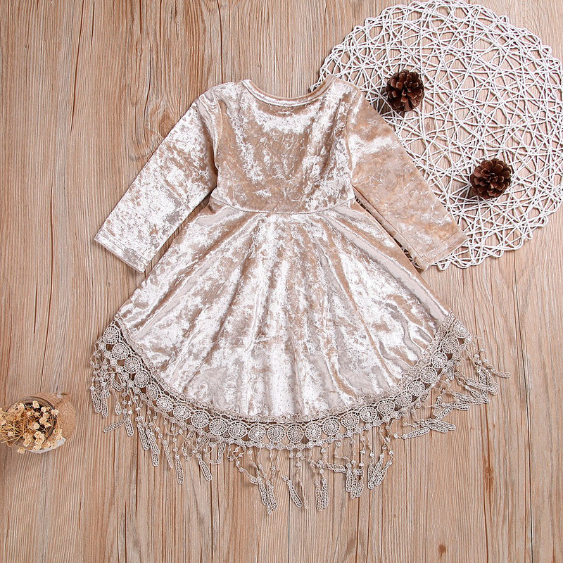 Toddler Girls Gold Velvet Long Sleeve Dress Lovely Lace Fringed Dress - PrettyKid
