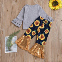 Girls Sunflower Flared Sleeve Love Top & Sequin Bell Pants Wholesale Girls - PrettyKid