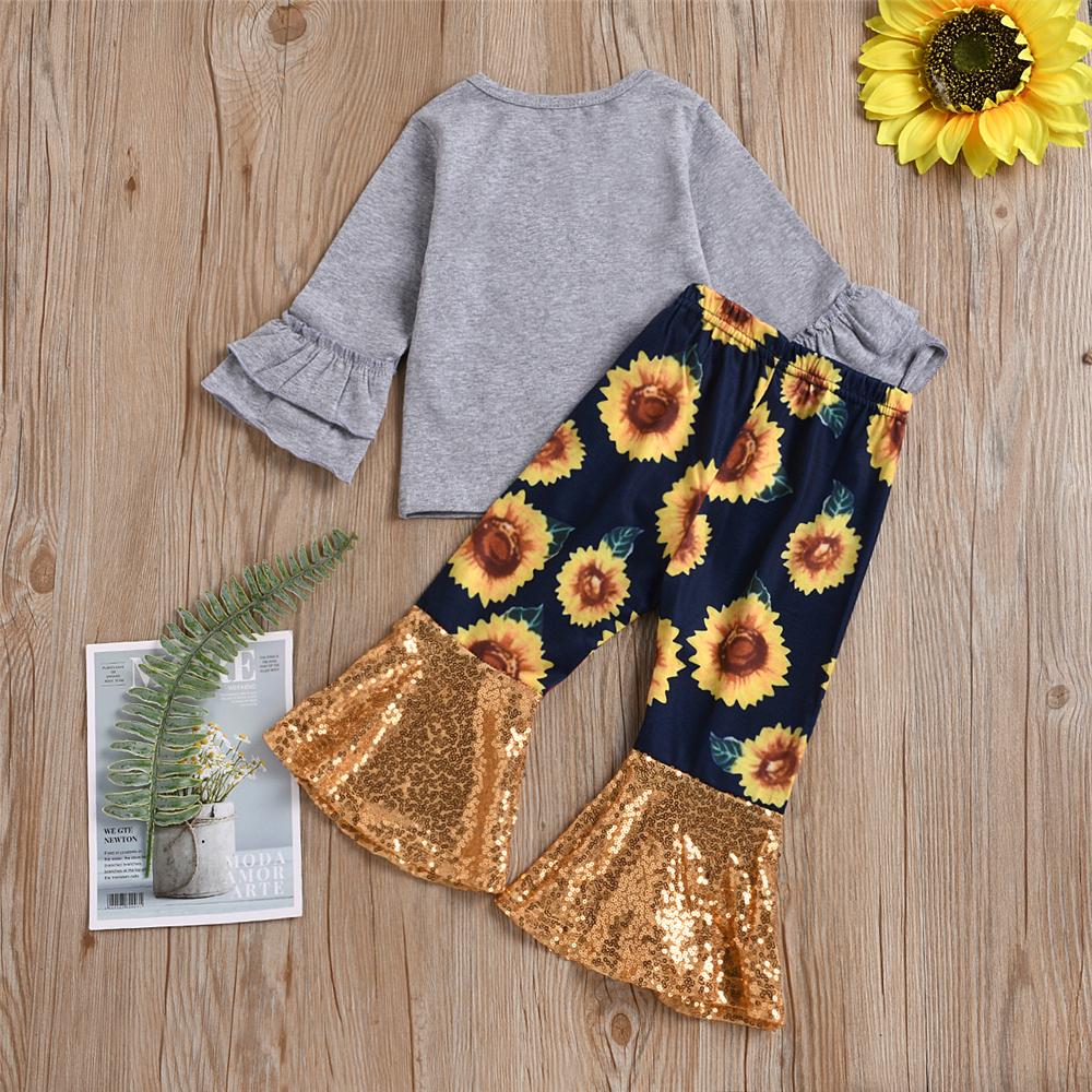 Girls Sunflower Flared Sleeve Love Top & Sequin Bell Pants Wholesale Girls - PrettyKid