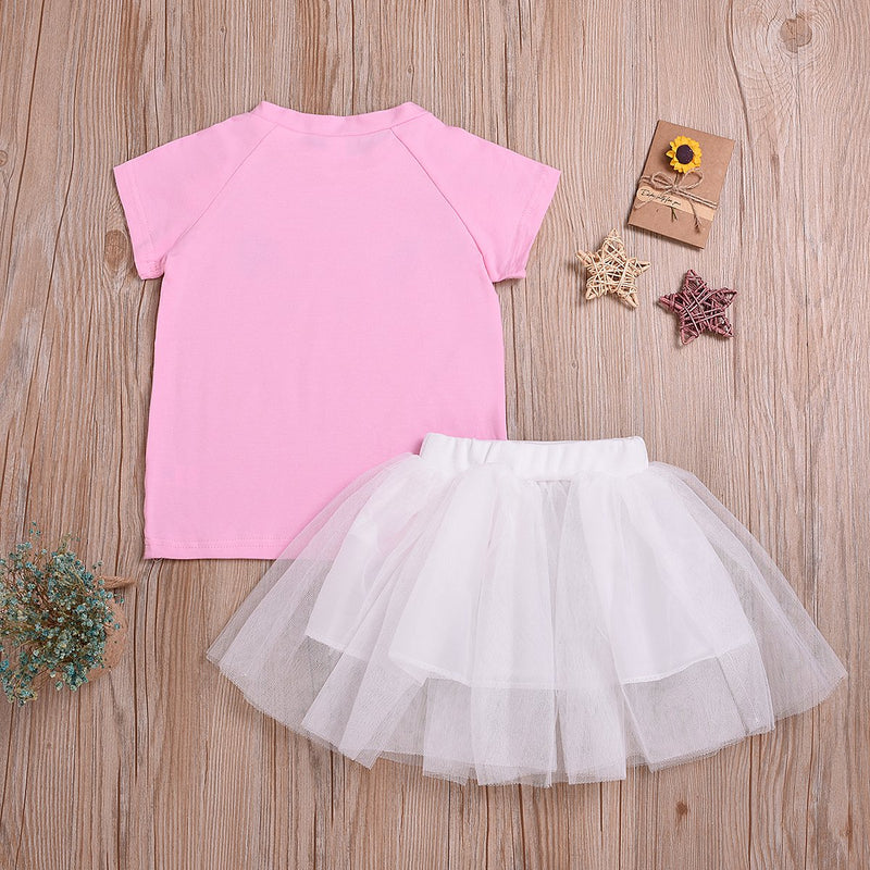 Girls Cute Short Sleeve Cat T-Shirt Mesh Princess Skirt - PrettyKid