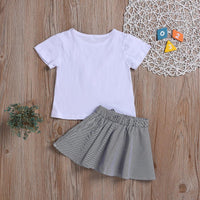 Girls' Preppy Style White Short-Sleeve Top Bow Stripe Skirt - PrettyKid