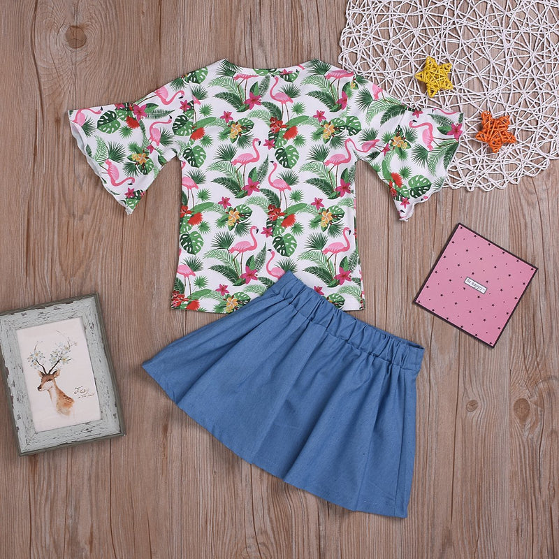 Fashionable Girls Flamingo Top & Denim Skirt - PrettyKid