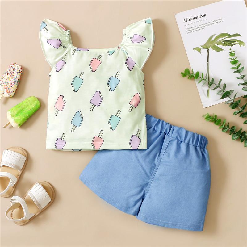 childrenswear wholesale Baby Girl Popsicle Print Ruffle Sleeve Top & Denim Shorts Wholesale Children's Clothing - PrettyKid