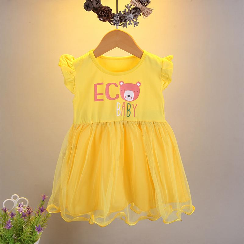 Toddler Girl Ruffle Sleeve Bear Mesh Hem Dress - PrettyKid