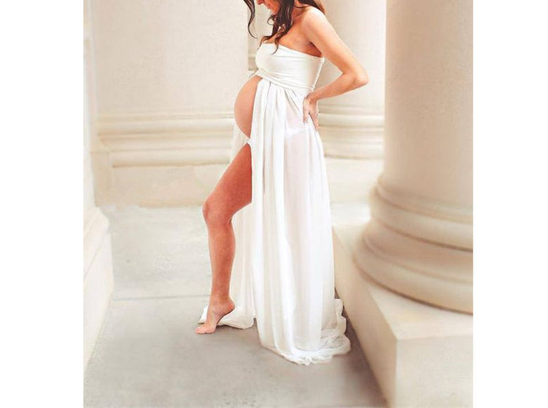 Women's Solid Color Sheath Chiffon Splicing One Shoulder Maternity Dresses Long Maternity Dress - PrettyKid