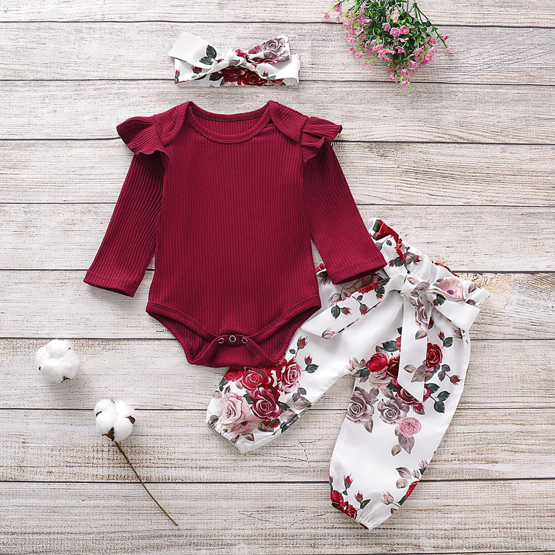 3-Piece Long-Sleeve Ruffled Bodysuit, Floral Pants and Headband Children's clothing wholesale - PrettyKid