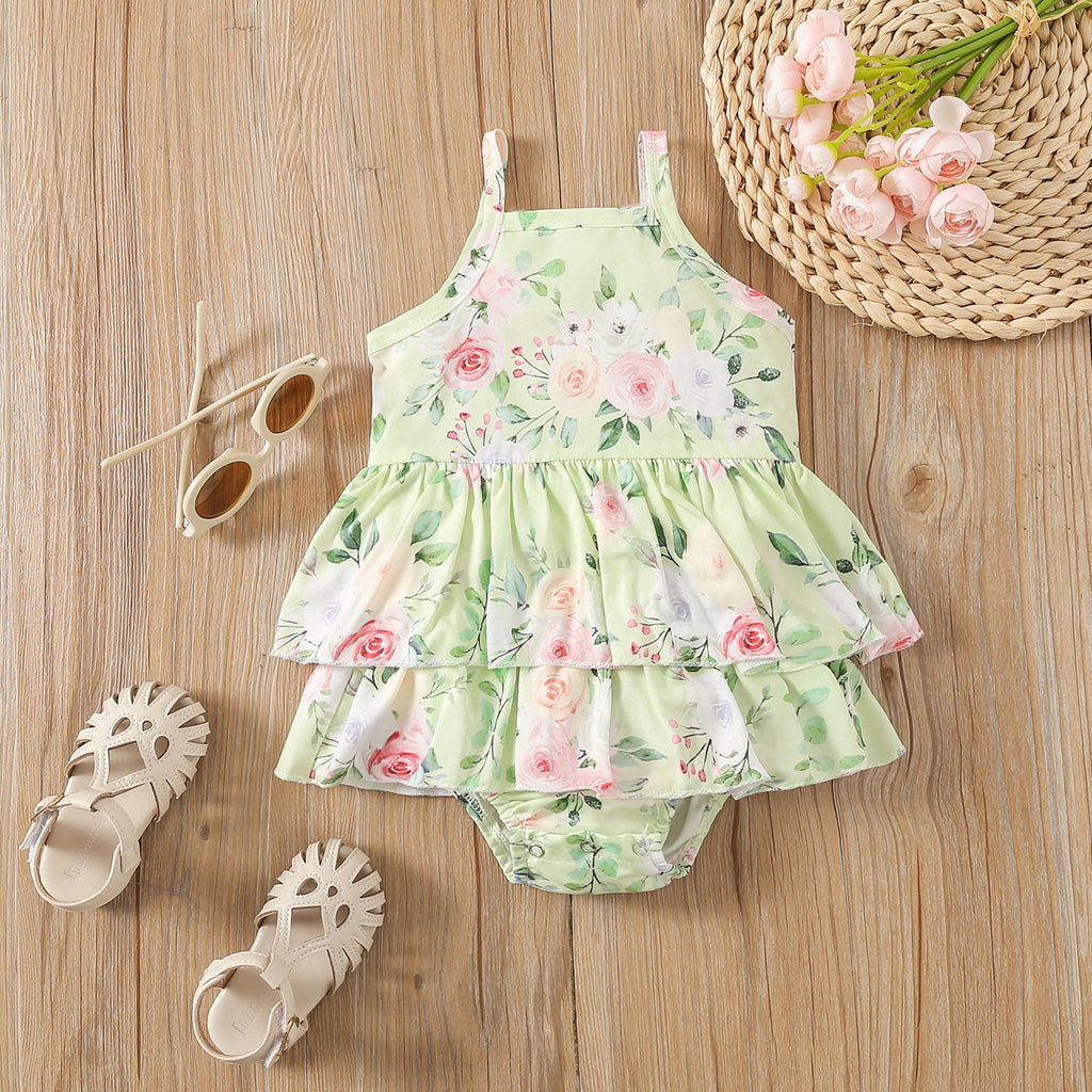 6-24M Baby Girls Cami Bodysuit Floral Prinr Ruffle Trim Wholesale Baby Clothing - PrettyKid