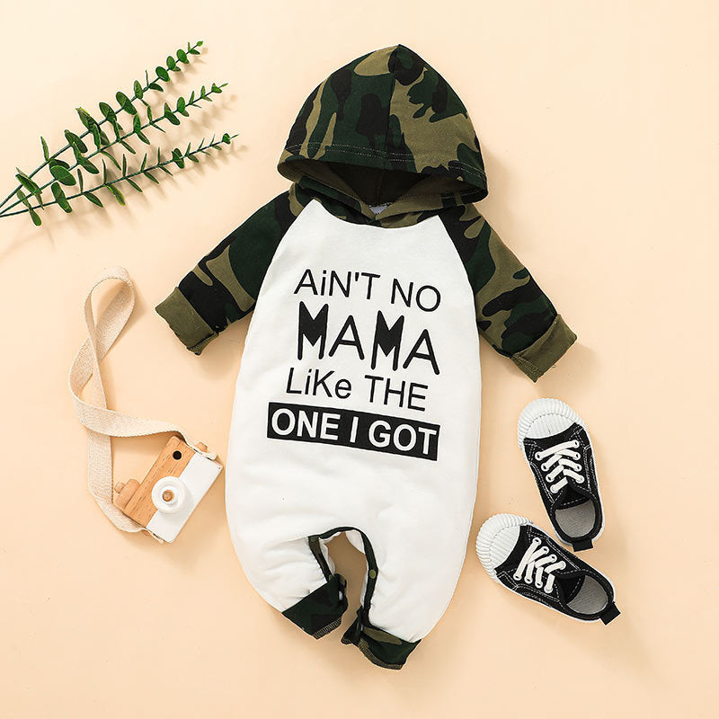 Baby Boy Letter Print Camouflage Hoodie Baby One Piece Jumpsuit - PrettyKid