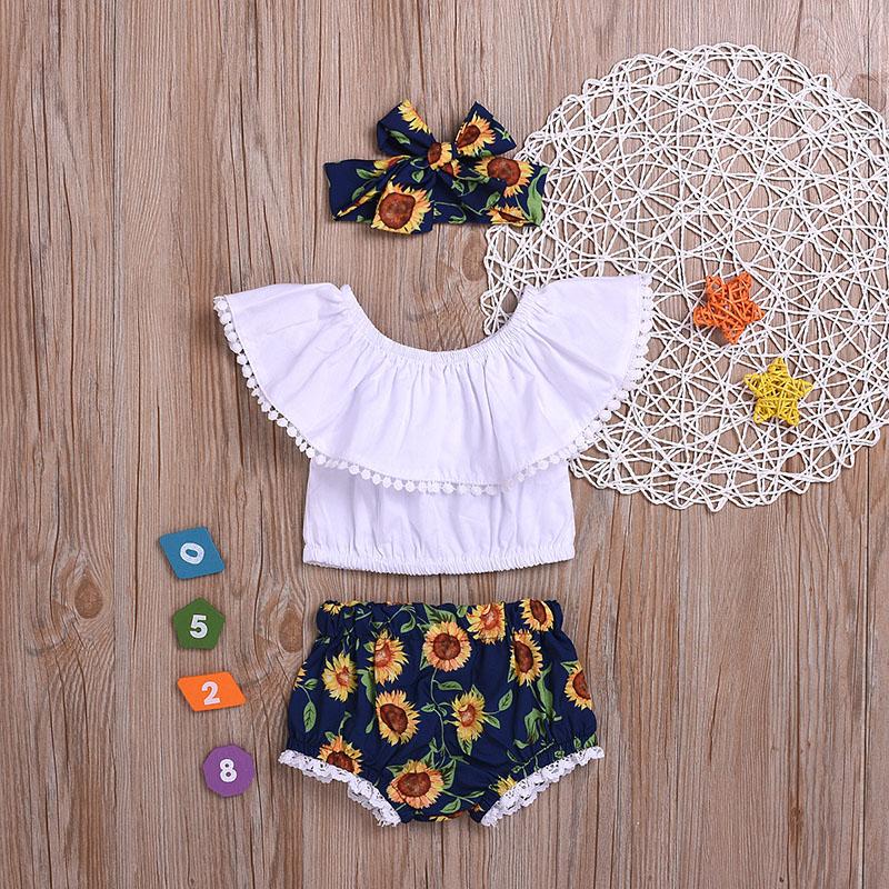 3-piece Solid Tassel Tops & Floral Printed Shorts & Headband for Baby Girl Wholesale children's clothing - PrettyKid