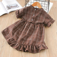 Toddler Girls Short Sleeve Pleated Plaid Dress Princess Dress - PrettyKid